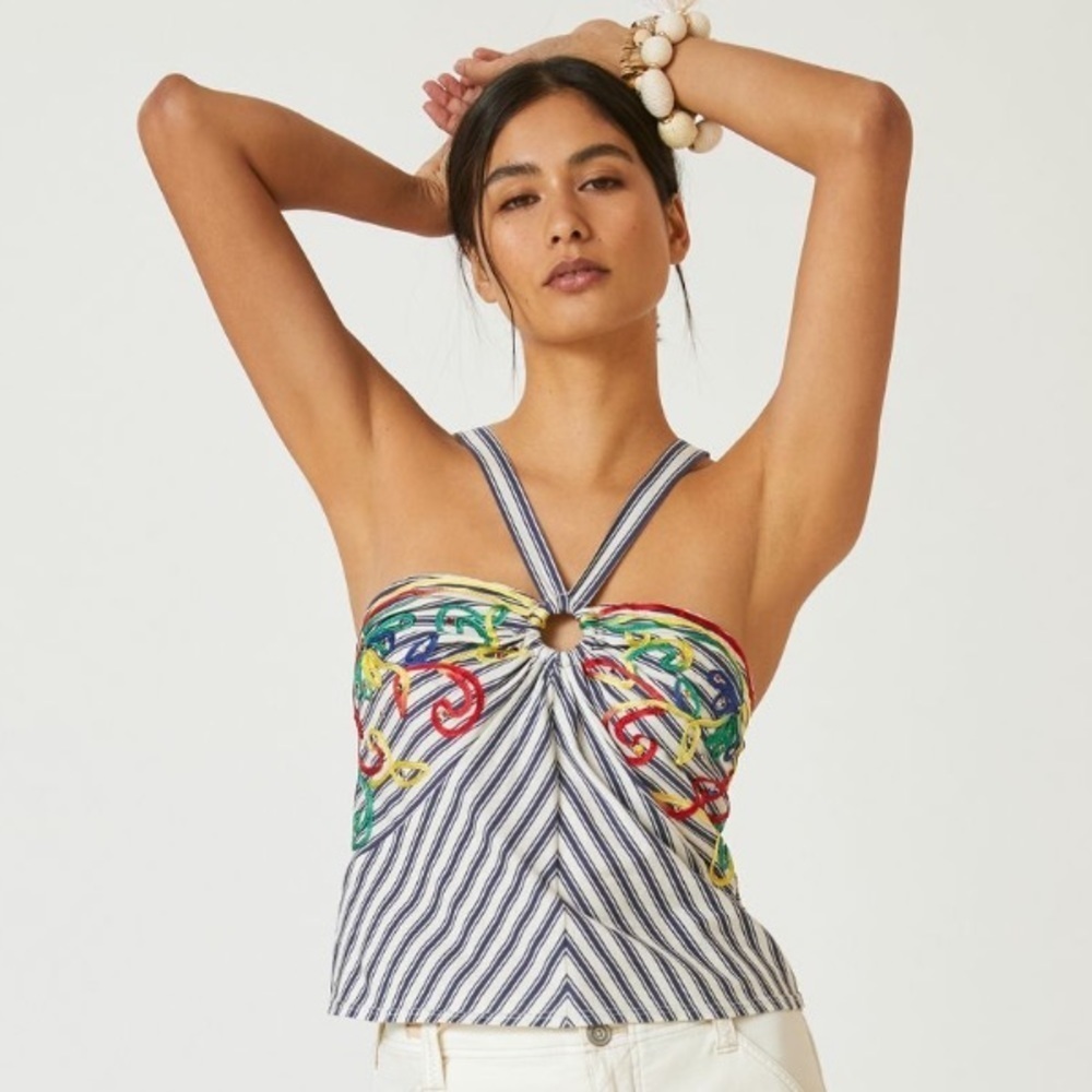 Anthropologie NWT Avril Embroidered Striped Knit Halter Size M. - Picture 3 of 13